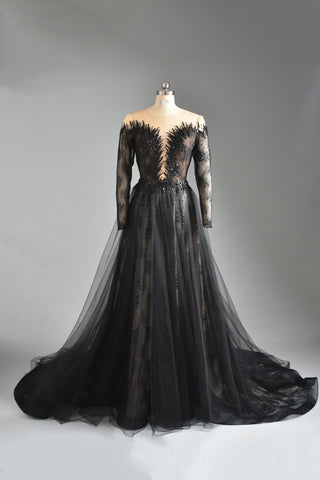 Black Lace Gown Deep V Long Sleeve Two Piece Dress
