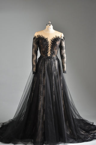 Black Lace Gown Deep V Long Sleeve Two Piece Dress