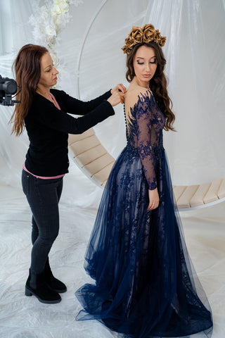 Unique Blue Lace Gown with Long Sleeves - Dresses Dioma