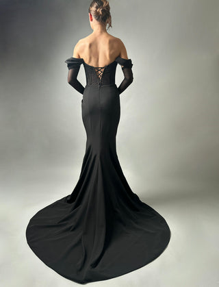 Black Mermaid Crepe Gown Long Sleeves