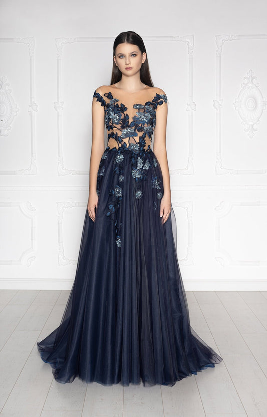 Navy Blue Fairy Floral Lace Gown