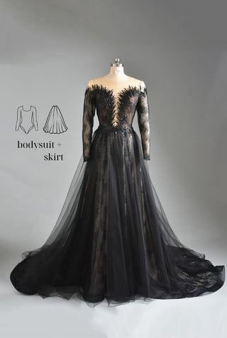 Black Lace Gown Deep V Long Sleeve Two Piece Dress