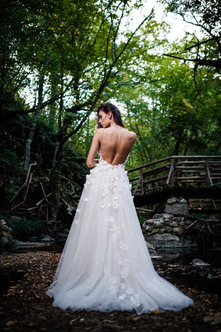 Floral wedding dress Open Back A-line with 3D flowers - Dresses Dioma