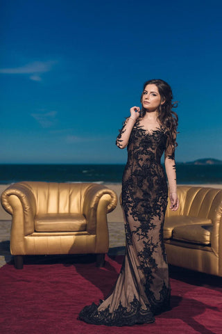 Black Lace Gown Long Sleeve - Dresses Dioma