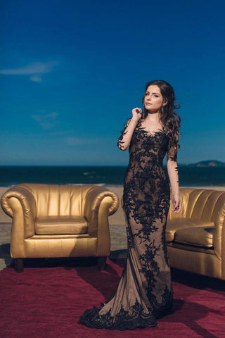 Black Lace Gown Long Sleeves - Dresses Dioma