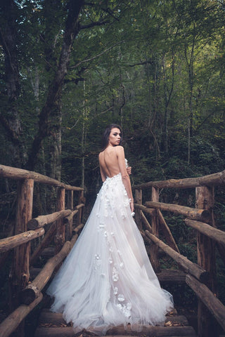 Floral wedding dress Open Back A-line with 3D flowers - Dresses Dioma