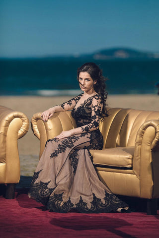 Black Lace Gown Long Sleeves - Dresses Dioma