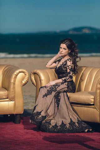 Black Lace Gown Long Sleeves - Dresses Dioma