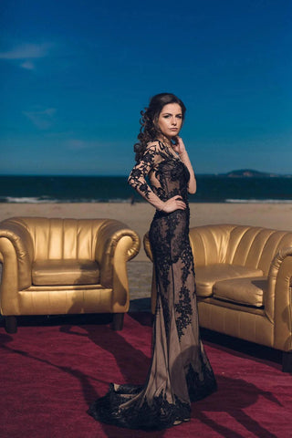 Black Lace Gown Long Sleeves - Dresses Dioma
