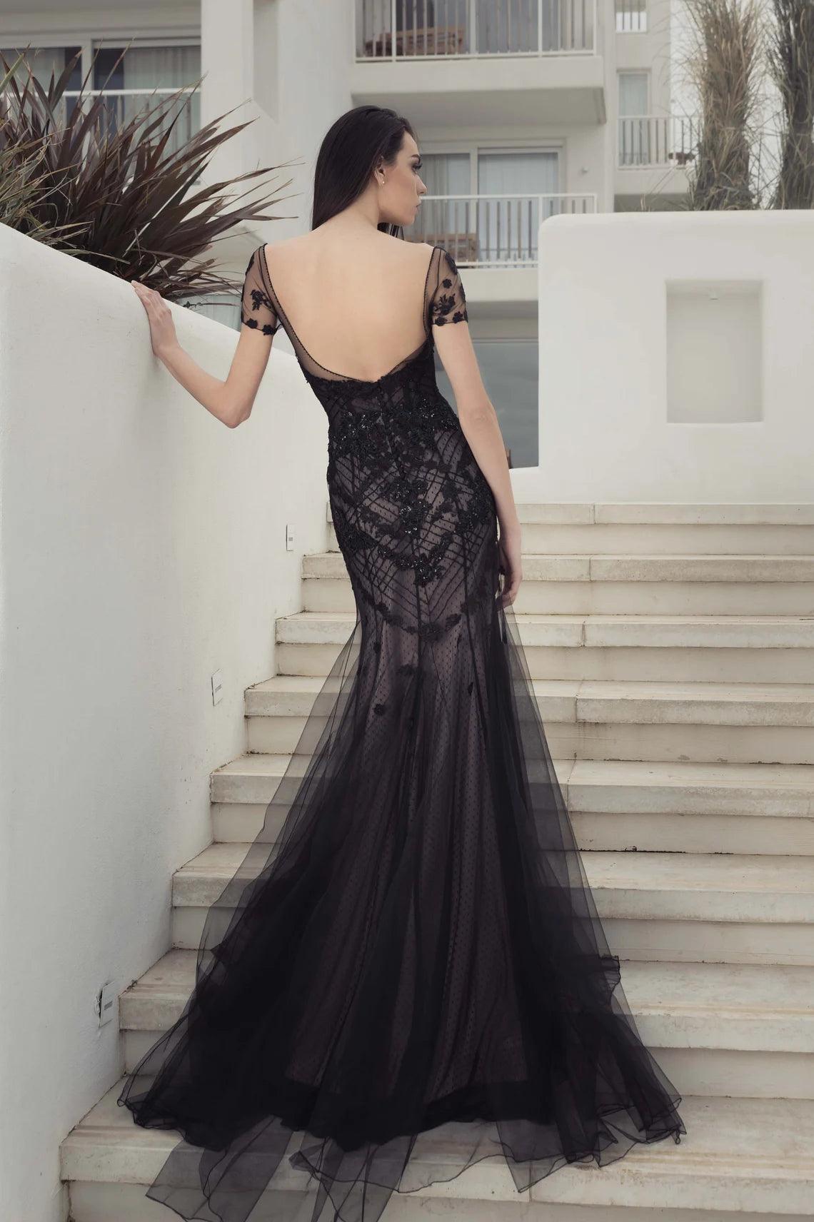 Black backless wedding dress sale