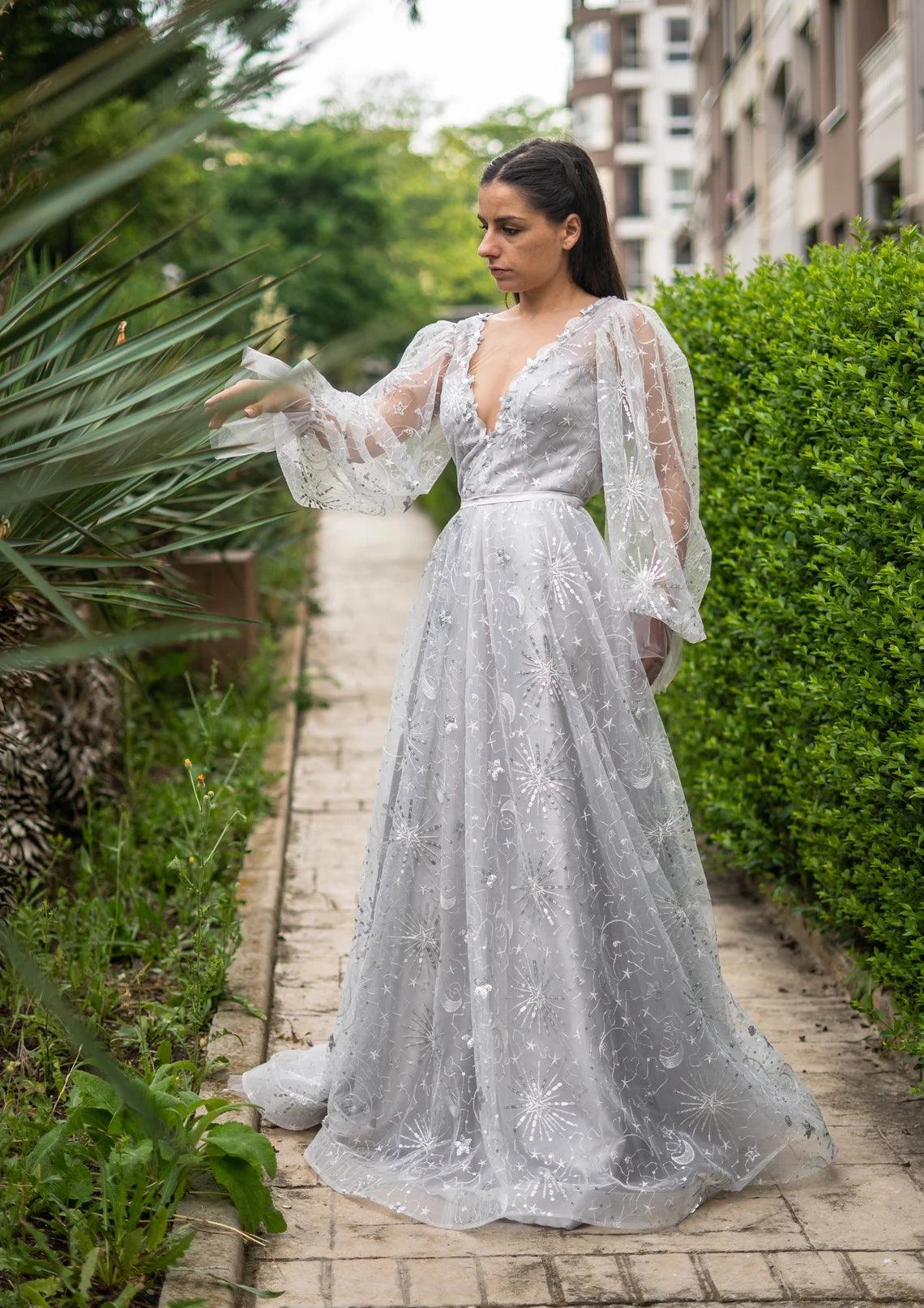 Celestial Unique Boho Wedding Dress in gray - Dresses Dioma