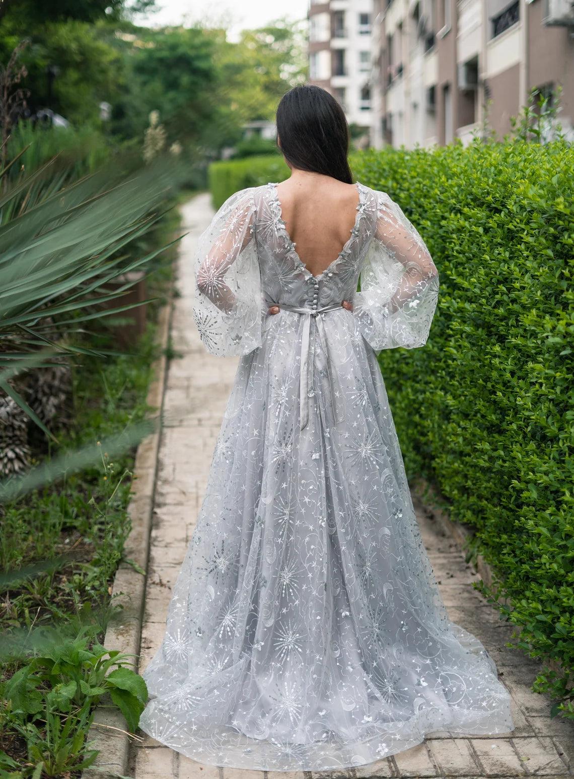 Celestial Unique Boho Wedding Dress in gray - Dresses Dioma