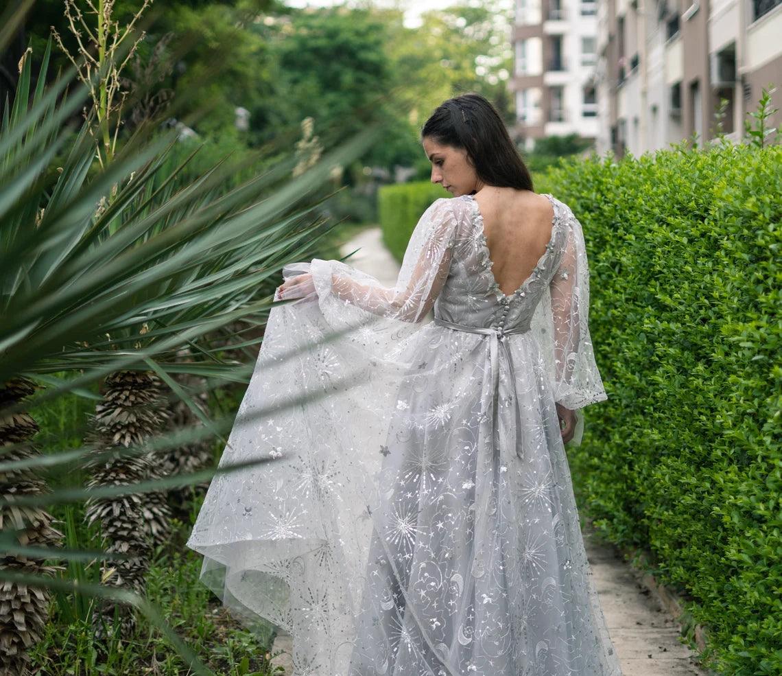 Celestial Unique Boho Wedding Dress in gray - Dresses Dioma