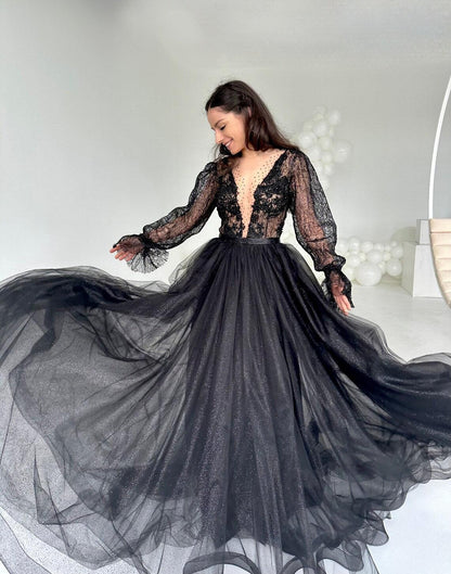 Black Lace Gown with Long Sleeves - Dresses Dioma