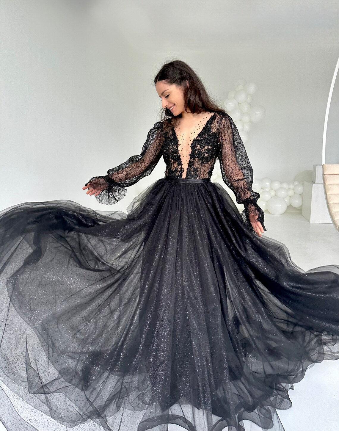 Black Lace Gown with Long Sleeves - In Stock - Dresses Dioma