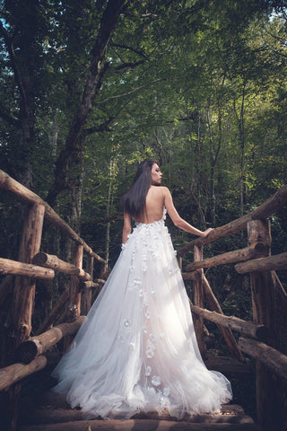 Floral wedding dress Open Back A-line with 3D flowers - Dresses Dioma