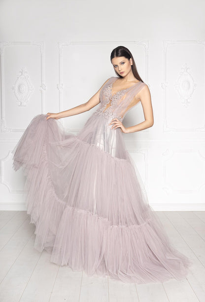 Lavender Tiered Tulle A-line Gown